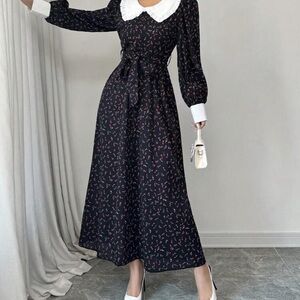 SHEIN Black and White Long Sleeve Sundress with Peter Pan Collar